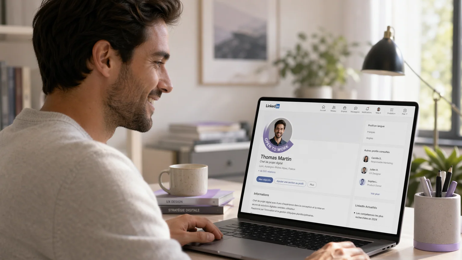 Un professionnel souriant utilisant LinkedIn avec un badge Open to Work.