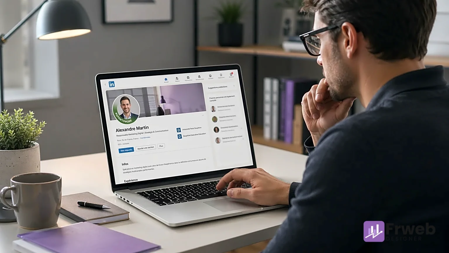Un professionnel utilisant son ordinateur pour modifier son profil LinkedIn.